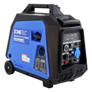 Generator de curent tip inverter Zonetec ZGI2500WET, monofazat, 2.5 kW, roti si maner pliabil pentru transport, pornire electrica