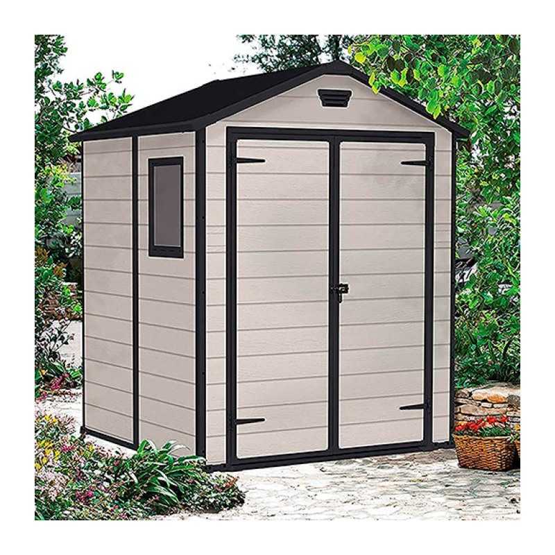 Casuta de gradina, Keter, Bej, 6x5, colectie Manor, usa dubla, podea, ferestre, ventilatie, ranforsare metalica