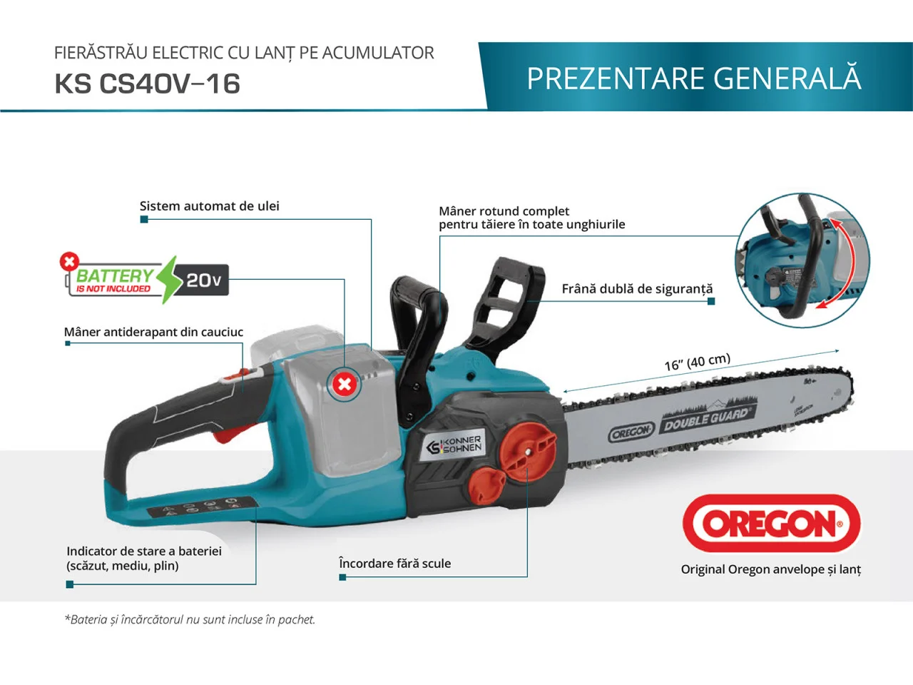 Konner & Sohnen Fierăstrău electric cu lanț pe acumulator (neinclus)