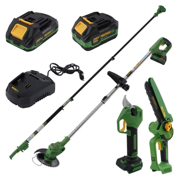 Set multifuncțional pe acumulator: foarfecă de grădină, fierăstrău cu lanț, trimmer și tijă telescopică PARTNERPRO, 2 acumulatori, brushless